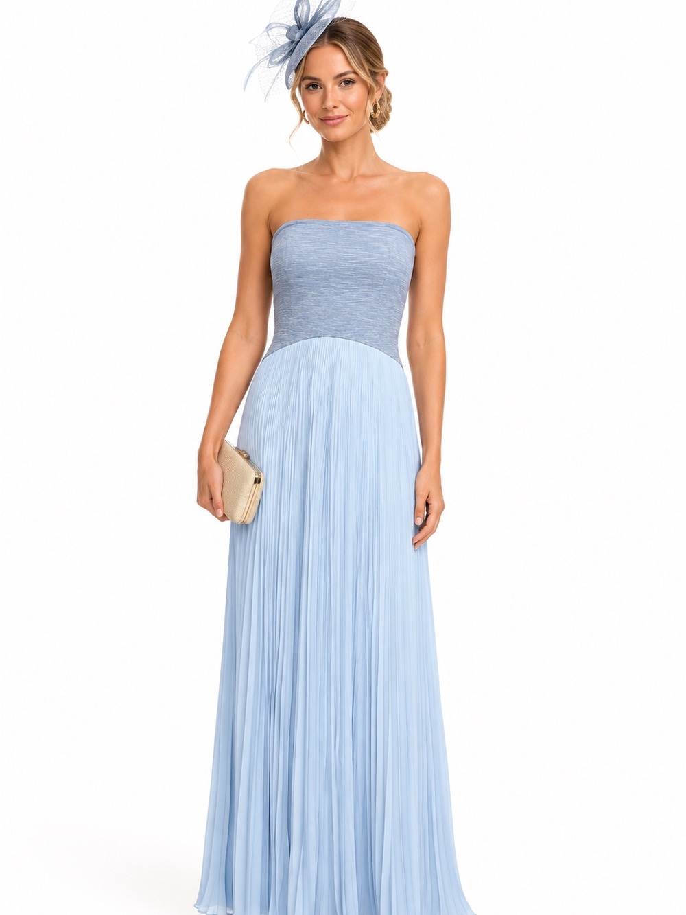 Strapless Light Blue Pleated  wedding guest Maxi Dress